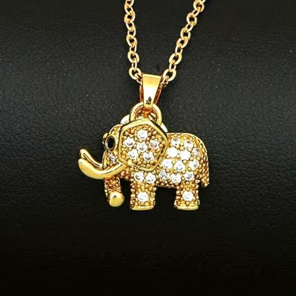 Stainless Steel Elephant Pendant Necklace in Gold Tones and embedded Zirconia - Picture 4 of 11